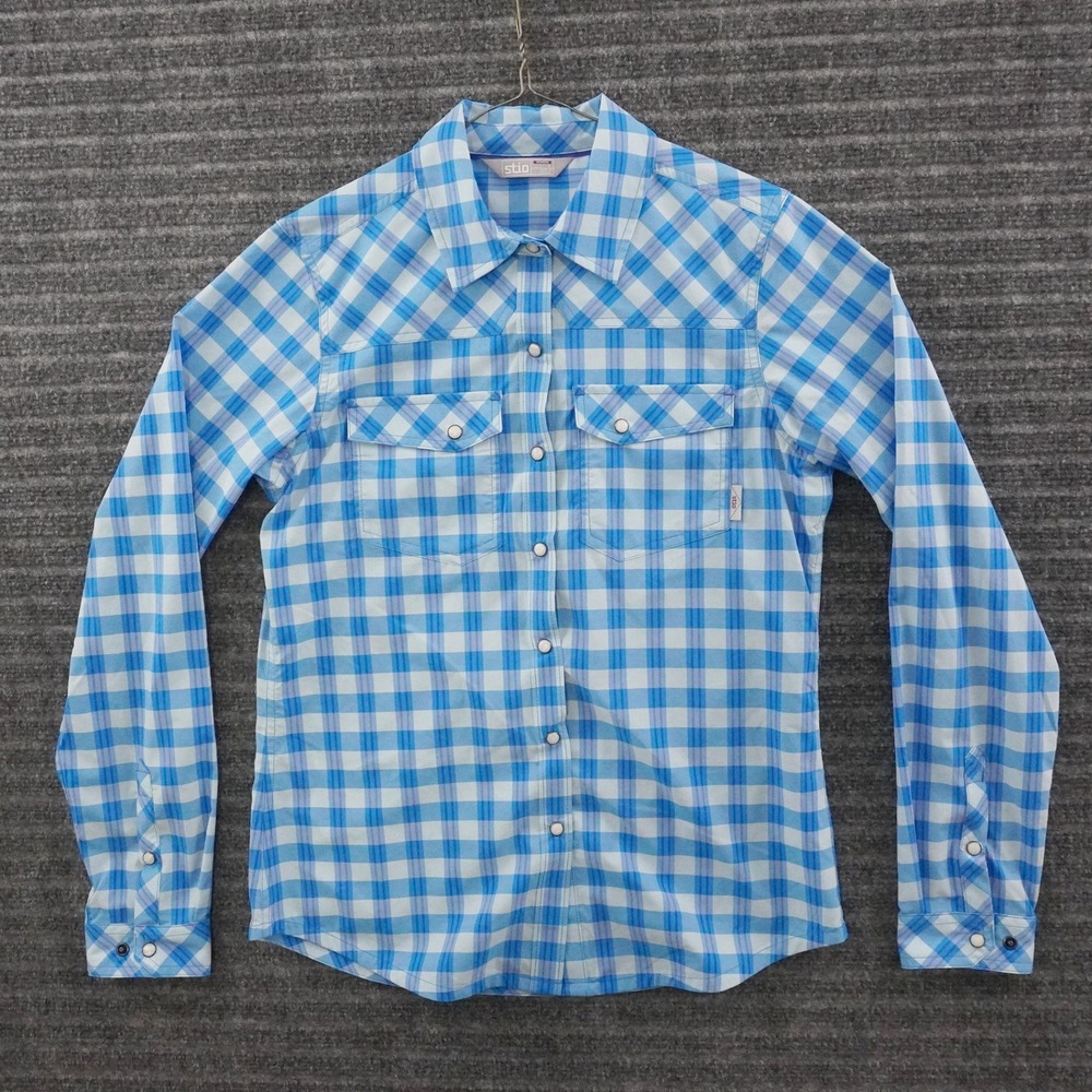 Stio Button-Up Shirt Womens Size S Blue Plaid Long Sleeve Snap Front Outdoor